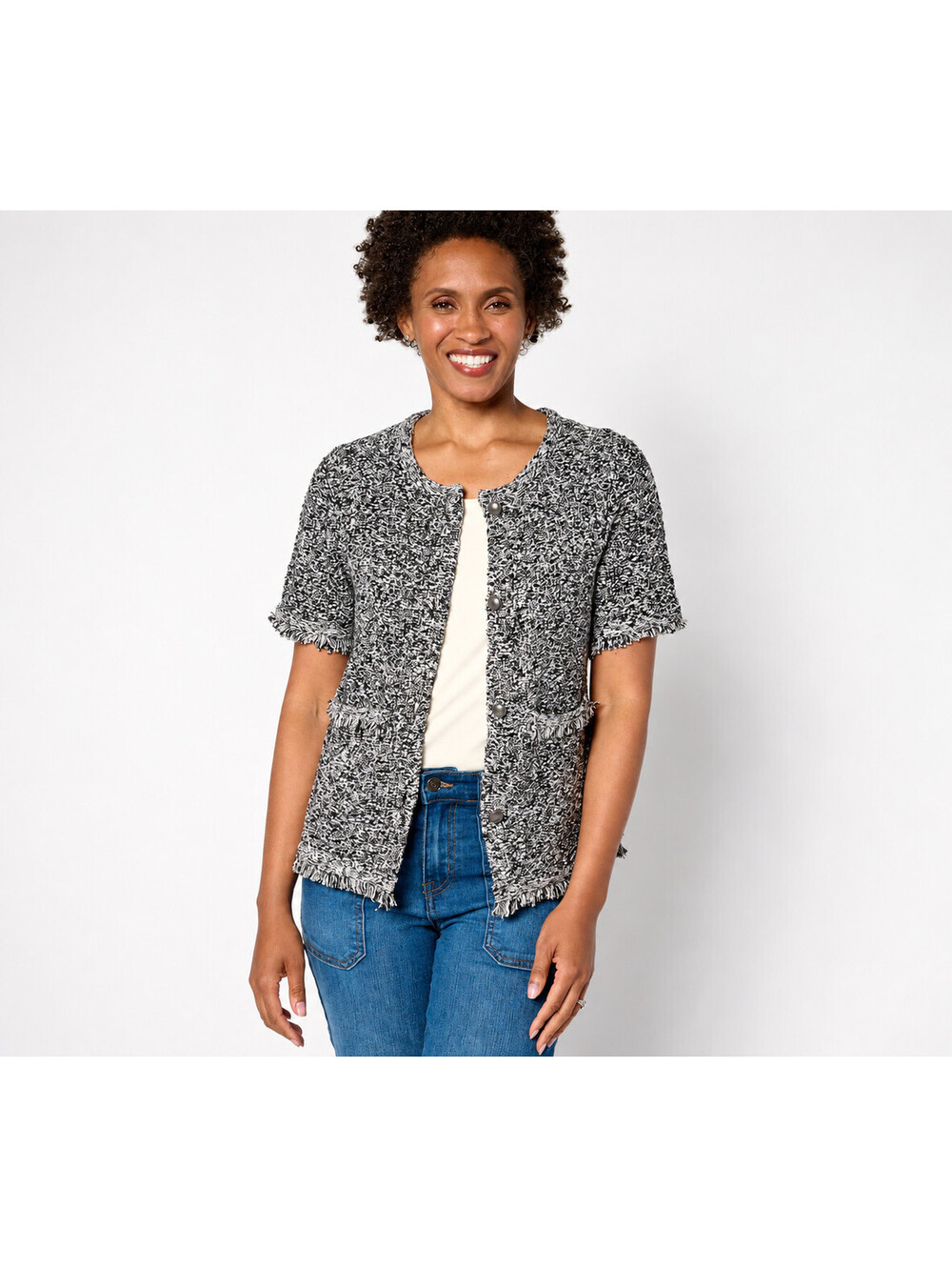 Denim & Co. Signature Short-Sleeve Button Front Sweater Lady Jacket Black 3X